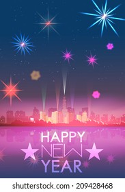 New Year Party Poster Template with City Skyline and Fireworks - Vector Illustration