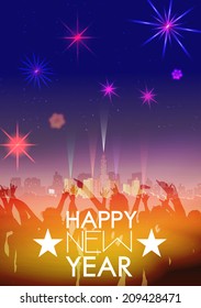 New Year Party Poster Template with City Skyline ,Crowd and Fireworks - Vector Illustration