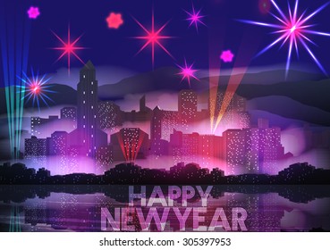 New Year Party Poster Template with City Skyline and Fireworks - Vector Illustration