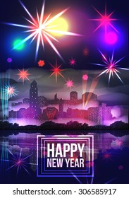 New Year Party Poster Template with City Skyline and Fireworks - Vector Illustration
