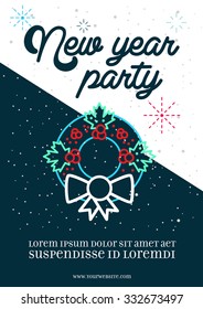 New Year Party Poster Template, Greeting, Background, Line Style Vector Illustration