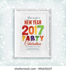 New Year party poster template with snow and snowflakes. Winter background. White picture frame.  Vector illustration.
