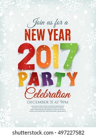 New Year party poster template with snow and snowflakes. Winter background. Vector illustration.
