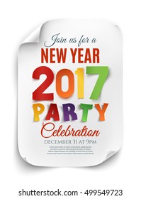 New Year party poster template isolated on white background. Curved, paper banner. Vector illustration.