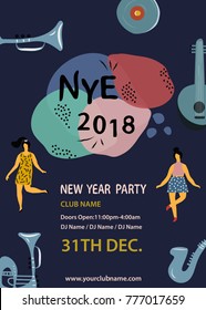 New year party poster.Jazz music event.Vintage retro flat style banner.Vector illustration.