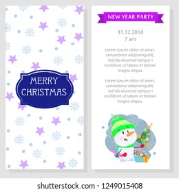 New Year party program design with snowman. White booklet with cartoon snowman and emblem. Can be used for festive program, party, invitations