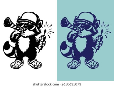 Ano Novo Festa Guaxinim Cartoon Mascote Linha Arte Vetor