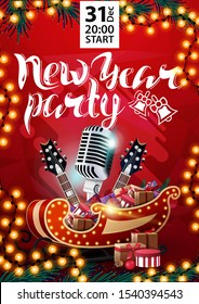 New Year party, red poster wth garlands, Christmas tree branches, guitars, microphone and Santa Sleigh with presents