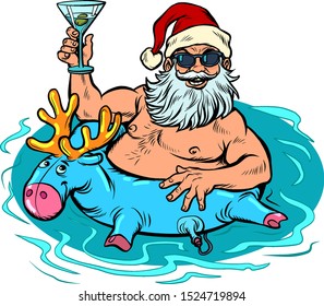 New year party. Santa clays at the resort in the pool with an inflatable deer and a cocktail. merry Christmas and happy new year. Pop art retro vector illustration vintage kitsch drawing 50s 60s
