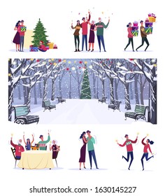 New Year party set. Family people giving gifts, dancing, toasting, city park landscape. Flat vector illustrations. Celebration, holiday concept for banner, website design or landing web page
