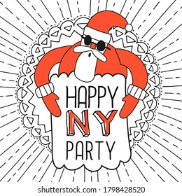 New Year party. Square size hand-drawn poster.