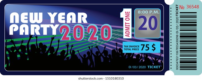 new year party ticket concert invitation, show, coupon, ticket, pass admission entry entrance music, notes, gloss, beams