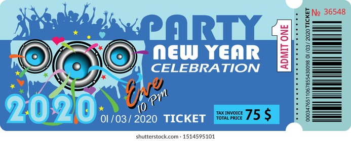new year party ticket concert invitation, show, coupon, ticket, pass admission entry entrance music, notes, gloss, 