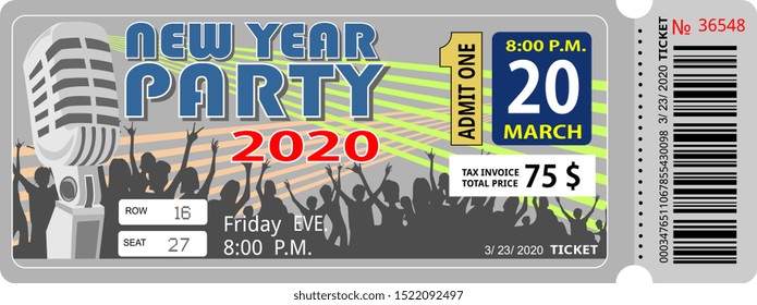 new year party ticket concert invitation, show, coupon, ticket, pass admission entry entrance music, notes, gloss, beams