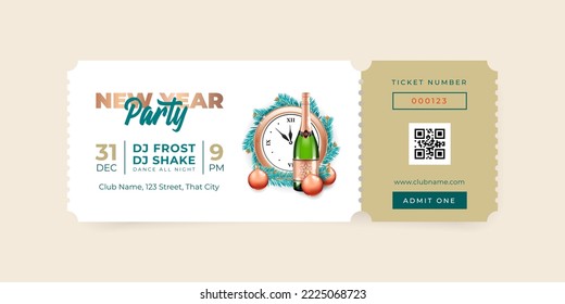 New Year Party ticket template. Winter illustration of a champagne bottle, Christmas balls and a clock on a white background. Vector 10 EPS.