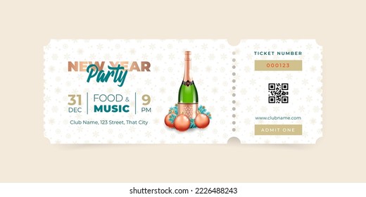 New Year Party ticket template. Illustration of a champagne bottle decorated with Christmas balls and fir tree branches on a white background with gold snowflakes. Vector 10 EPS.