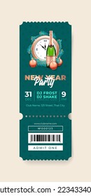 New Year Party ticket template. Illustration of a champagne bottle, Christmas balls and a clock on a teal background. Vector 10 EPS.