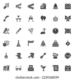 Neujahrsparty, Vektorsymbol-Set, moderne, solide Symbolsammlung, gefülltes Piktogramm-Paket. Zeichen, Logo-Illustration. Set beinhaltet Symbole wie Weihnachtsbaumdekoration, Geschenkbox, Champagner, Feuerwerk