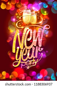 Neujahr Party Vektor Poster Design, Champagnerbrille und Konfetta als Hintergrund