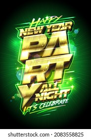 New year party vector poster or banner design template with golden 3D lettering and shiny green backdrop