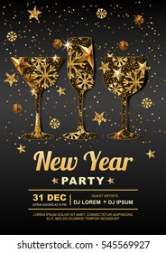 New Year party vector poster design template. Golden stars, snowflakes in gold wine, champagne, martini drinking glass. Concept for banner, flyer, invitation, greeting card, holiday backgrounds.