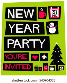 New Year Party! You're Invited 31 Dec (Flat Style Vector Illustration Poster Design)