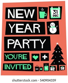 New Year Party! You're Invited 31 Dec (Flat Style Vector Illustration Poster Design)