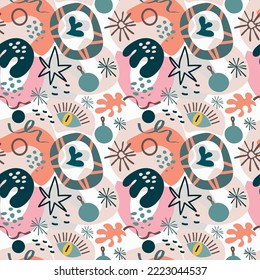 New Year pattern with abstract elements and Christmas ball, snowflakes and eyes a fantasy inspired by Henri Matisse. Pink, Lilac, Blue color. For wrapping pape, postcards.  Symbol Vector illustration.