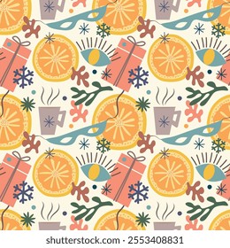 New Year pattern with abstract elements and Gift boxes, snowflakes, eyes, mask, a glass of wine fnd orange. Pink, orange, purple, Blue color. For wrapping paper, postcards, wallpaper, wrapping.