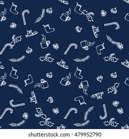 New Year pattern attributes sled snowflake tree toy tree branch staff boot coffee mug handmade background blue ink vector