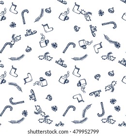 New Year pattern attributes sled snowflake tree toy tree branch staff boot coffee mug handmade black background white vector