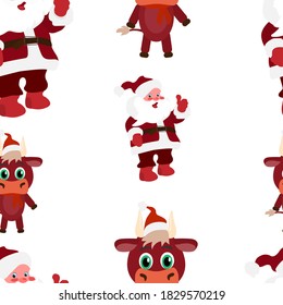 New year pattern with bull, santa claus, deer. Vector image, eps 10