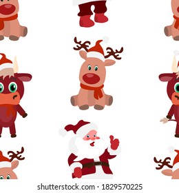 Neues Jahresmuster mit Stier, Weihnachtsmann, Hirsch. Vektorbild, eps10