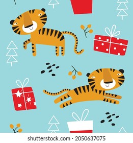 New year pattern with cartoon tigers and gifts
