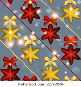New Year pattern with Christmas ball. Christmas wallpaper with bow and ribbon. Sparkles and bokeh. Shiny and glowing
