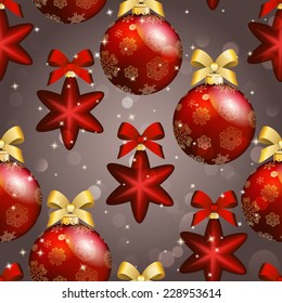 New Year pattern with Christmas ball. Christmas wallpaper with bow and ribbon. Sparkles and bokeh. Shiny and glowing