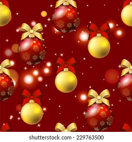 New Year pattern with Christmas ball. Christmas wallpaper with bow and ribbon. Sparkles and bokeh. Shiny and glowing