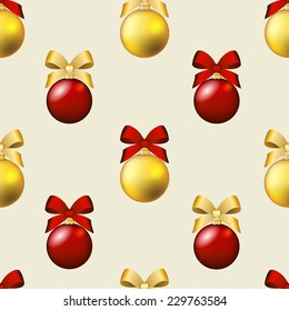 New Year pattern with Christmas ball. Christmas wallpaper with bow and ribbon. Sparkles and bokeh. Shiny and glowing