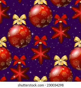 New Year pattern with Christmas ball. Christmas wallpaper with bow and ribbon. Sparkles and bokeh. Shiny and glowing
