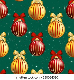New Year pattern with Christmas ball. Christmas wallpaper with bow and ribbon. Sparkles and bokeh. Shiny and glowing