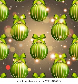 New Year pattern with Christmas ball. Christmas wallpaper with bow and ribbon. Sparkles and bokeh. Shiny and glowing