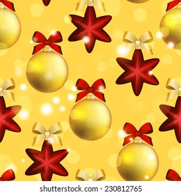 New Year pattern with Christmas ball. Christmas wallpaper with bow and ribbon. Sparkles and bokeh. Shiny and glowing