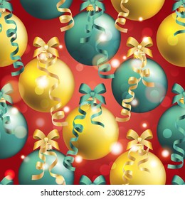 New Year pattern with Christmas ball. Christmas wallpaper with bow and ribbon. Sparkles and bokeh. Shiny and glowing