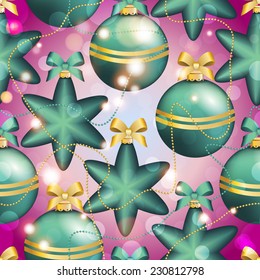 New Year pattern with Christmas ball. Christmas wallpaper with bow and ribbon. Sparkles and bokeh. Shiny and glowing