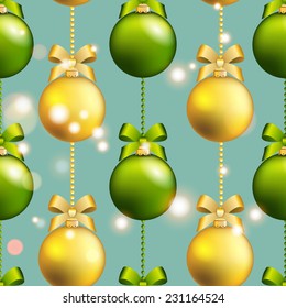 New Year pattern with Christmas ball. Christmas wallpaper with bow and ribbon. Sparkles and bokeh. Shiny and glowing