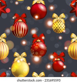 New Year pattern with Christmas ball. Christmas wallpaper with bow and ribbon. Sparkles and bokeh. Shiny and glowing