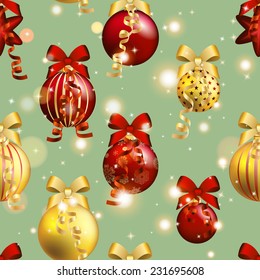 New Year pattern with Christmas ball. Christmas wallpaper with bow and ribbon. Sparkles and bokeh. Shiny and glowing