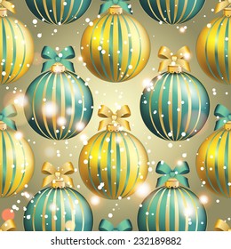 New Year pattern with Christmas ball. Christmas wallpaper with bow and ribbon. Sparkles and bokeh. Shiny and glowing