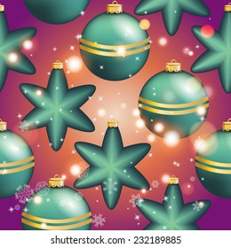 New Year pattern with Christmas ball. Christmas wallpaper with bow and ribbon. Sparkles and bokeh. Shiny and glowing