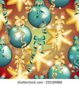 New Year pattern with Christmas ball. Christmas wallpaper with bow and ribbon. Sparkles and bokeh. Shiny and glowing